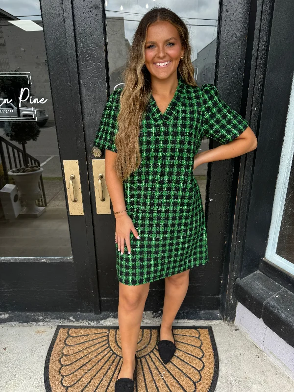 Green plaid tweed dress