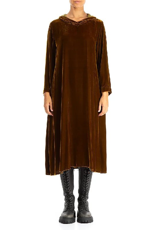Hooded Golden Olive Silk Velvet Dress
