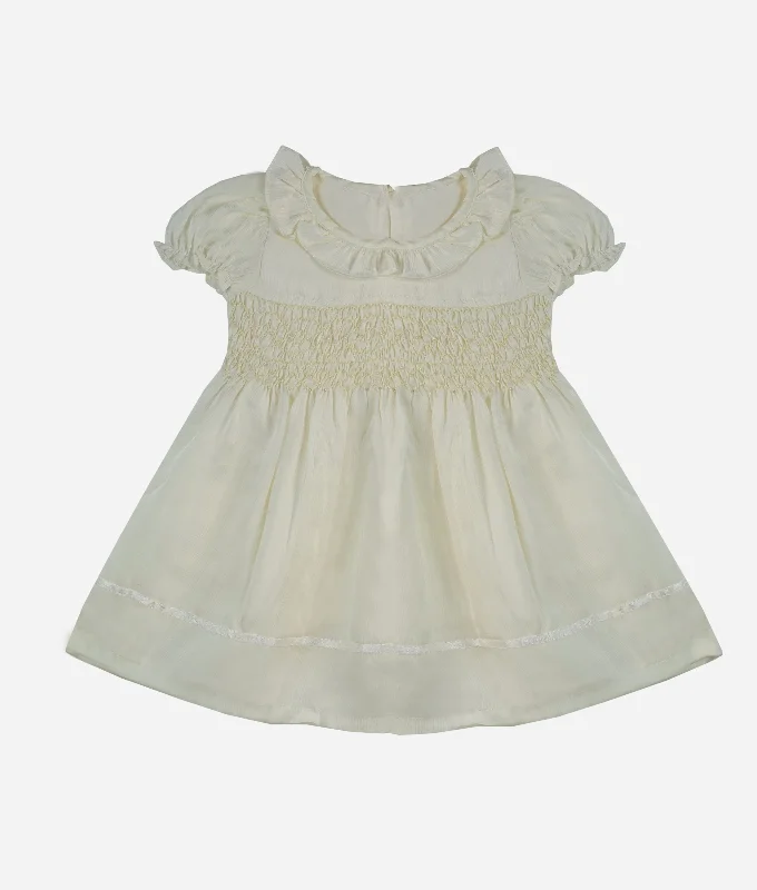 Ivory Georgette Puffed Sleeved Smocked Baby Dress