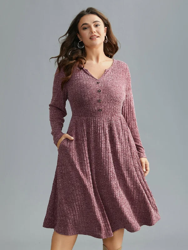 Knitted V-Neck Heather Button Detail Dress