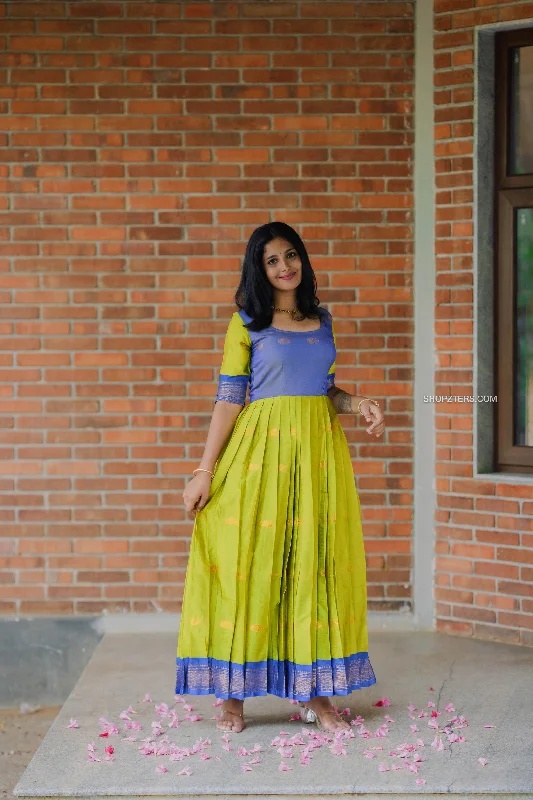 Lime Green Anarkali Dress with Rotal Blue Zari Border