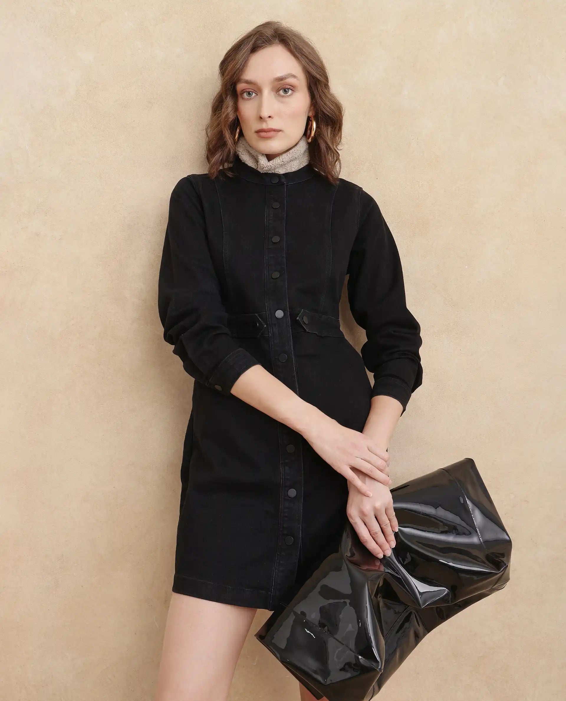 Rareism Women Lizmi Black Cotton Polyester Fabric Full Sleeve Curved Collar Regular Fit Plain Dress