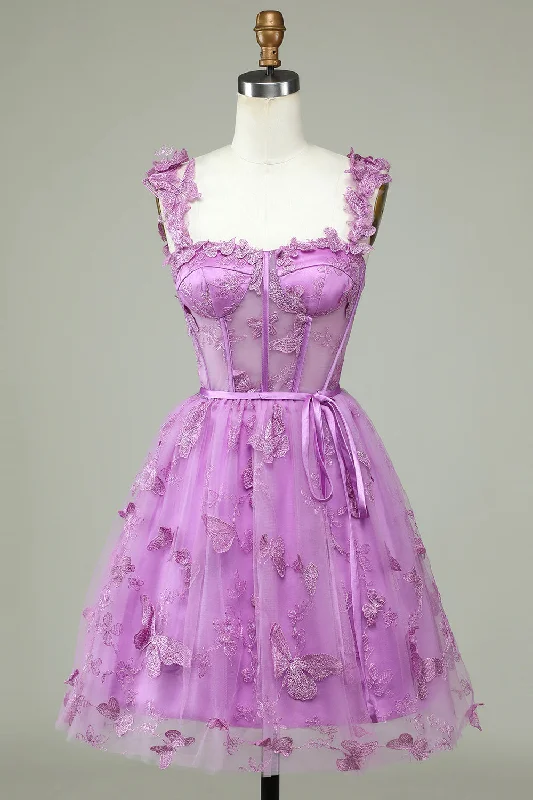 Magenta Butterfly Lace Corset A-Line Homecoming Dress