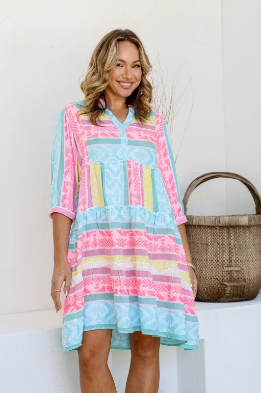 Mediterranean Hand Loom Dress - Pink/Turquoise