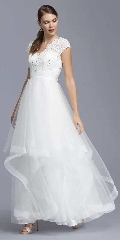 Aspeed L2062 Cap Sleeved Tiered Long Dress V-Neck