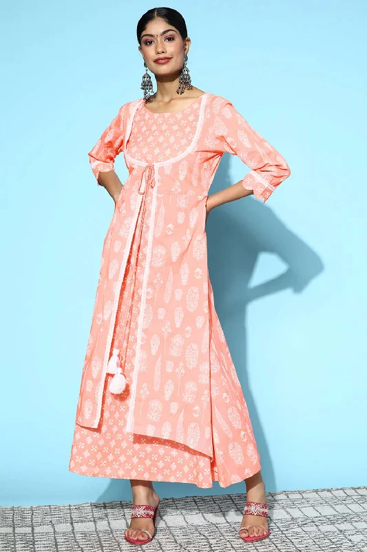 Peach Pure Cotton Thread Tassel And Lace Dress