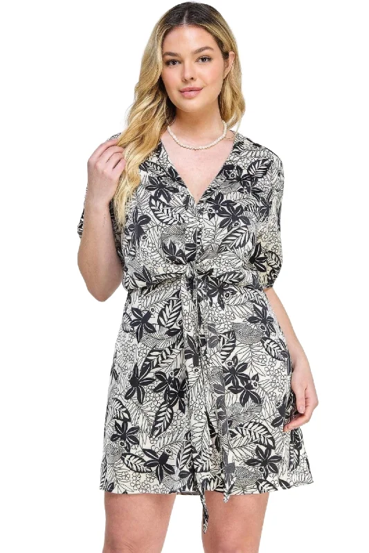 Plus Black Botanical Print Front Tie Dress