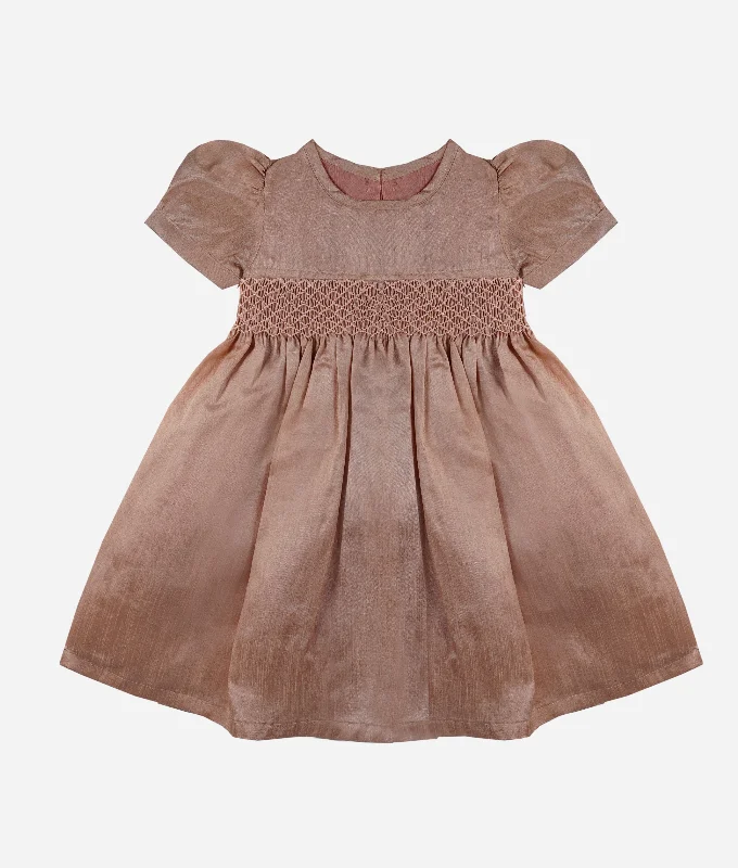 Raw Silk Metallic Rose Smocked Baby Dress