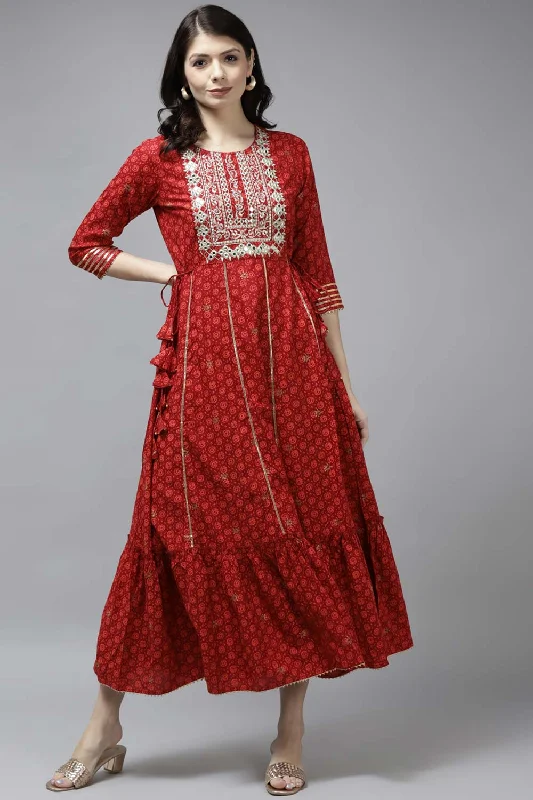 Red Viscose Rayon Embroidered And Gotta Patti And Mirror Dress