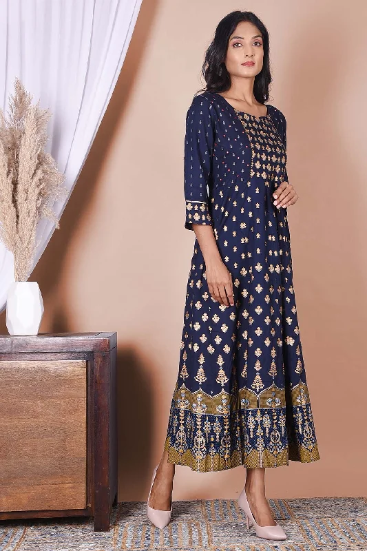 Royal Blue Golden Print Rayon Dress