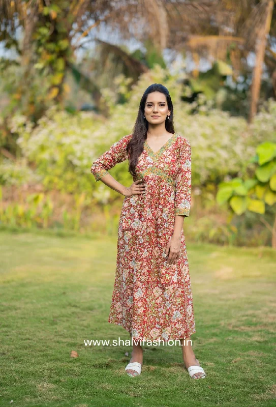 Maple Red Hand Block Print Cotton Dress (CRD16)