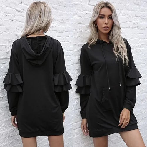 Solid Hooded Spring Summer Ruffle Skinny A-line Skirt Women Dresses