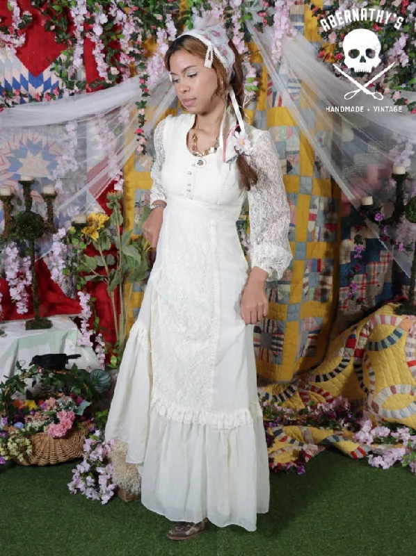 Vintage 1970s White Lace and Cotton Prairie Dress
