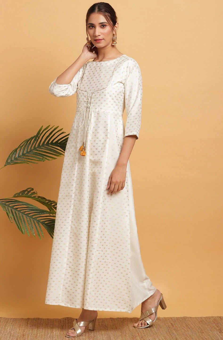 White Poly Silk Gold Print Dress