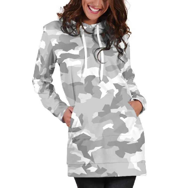 White Snow Camouflage Print Pullover Hoodie Dress