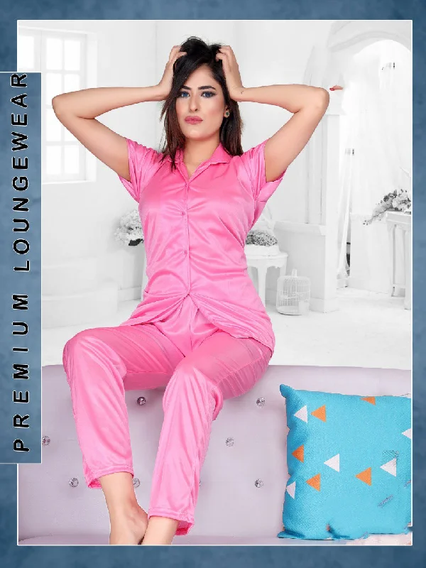 Pink Night Dress Satin Pyjama Set For Ladies Tunics Fashionable chic