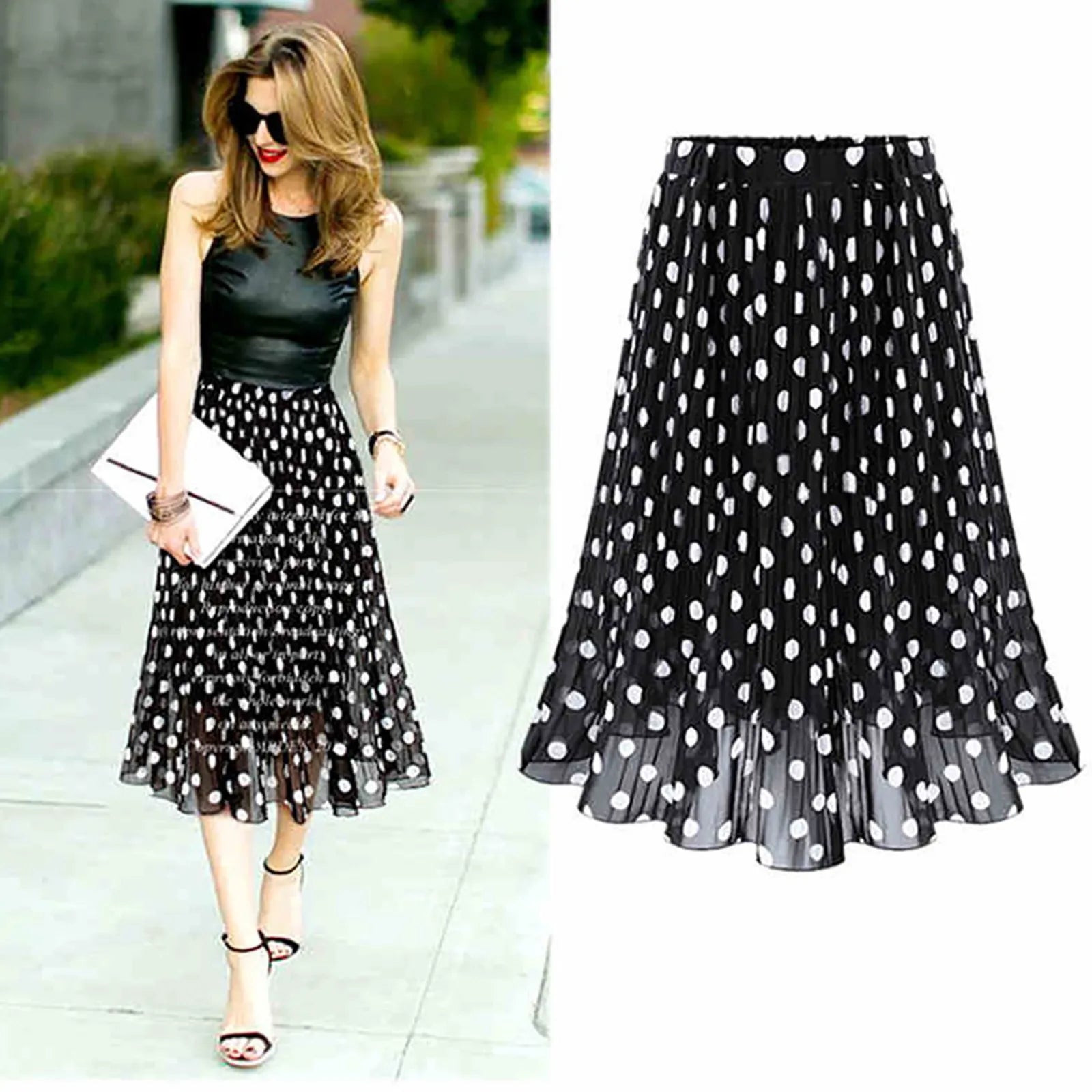 JuliaFashion - Pleated Chiffon Tulle Polka Dot Vintage Flared Skirt Dress Tunics Short Trendy