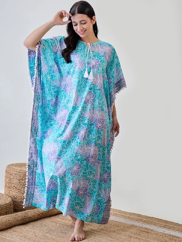 Women's Blue Cotton Floral Nightdress - The Kaftan Company Tunics Essential wardrobe