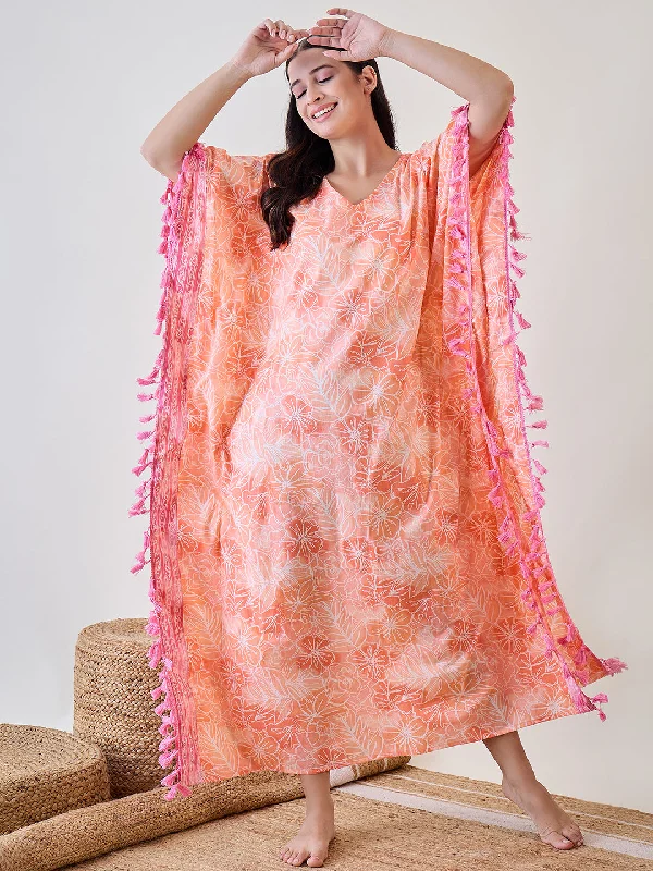 Women's Orange Cotton Floral Nightdress - The Kaftan Company Turtleneck Warm Winter