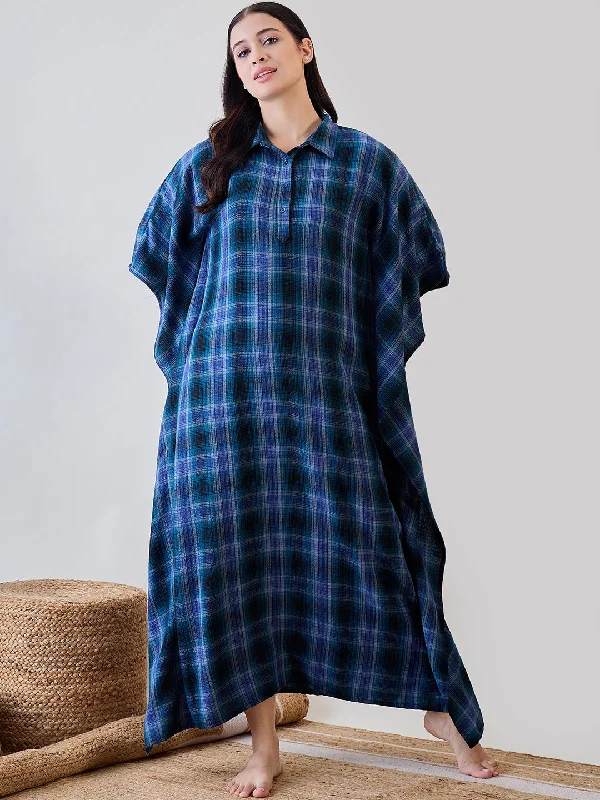 Women's Blue Cotton Checks Nightdress - The Kaftan Company Tunics Brand named