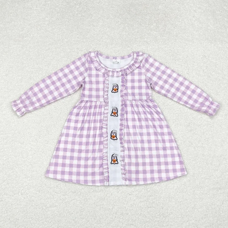 Baby Girl Halloween Long Sleeves Checkered Embroidery Ghost Purple Dress Tunics Recommended stylist