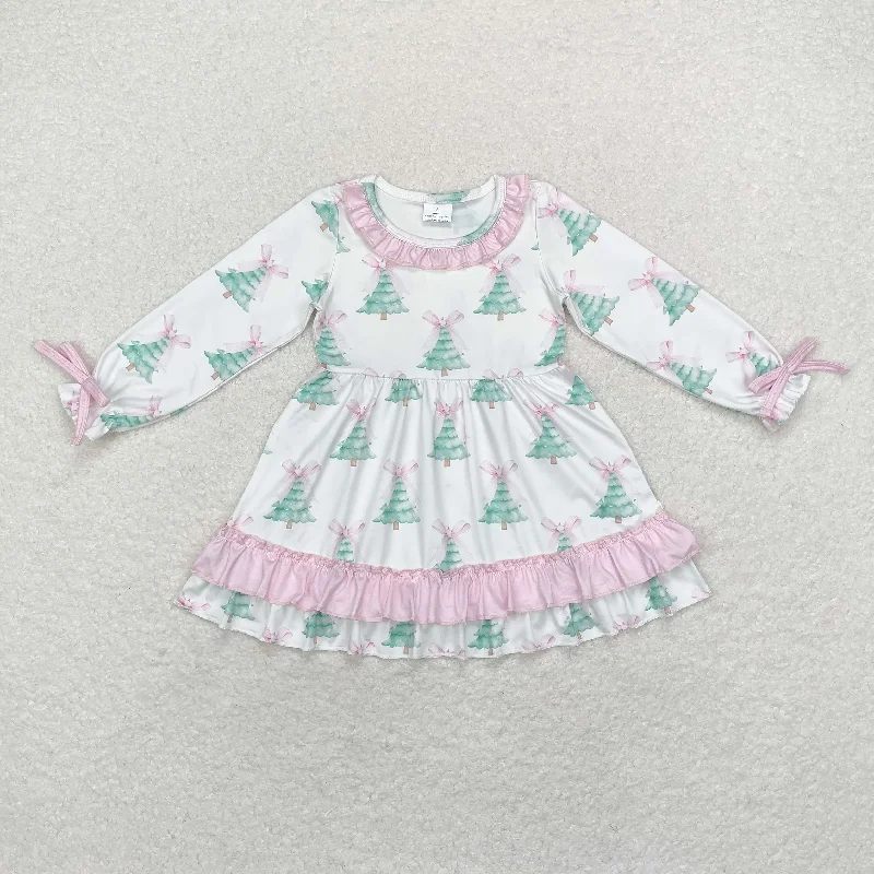 Baby Girl Long Sleeves Christmas Tree Bows Ruffle Dress Crew Neckline Casual