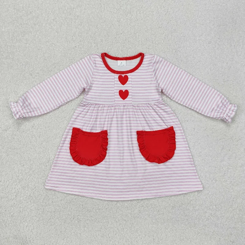 Baby Girl Long Sleeves Pink Stripes Heart Pocket Knee Length Dress Tunics Favorite customer