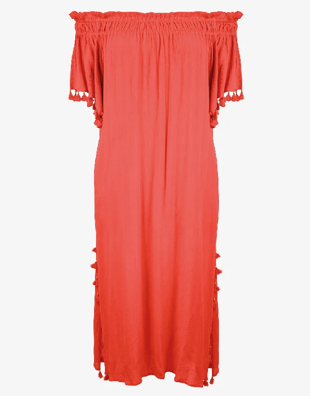 Beachwear Off the Shoulder Dress - Fiery Coral Pencil Office Professional