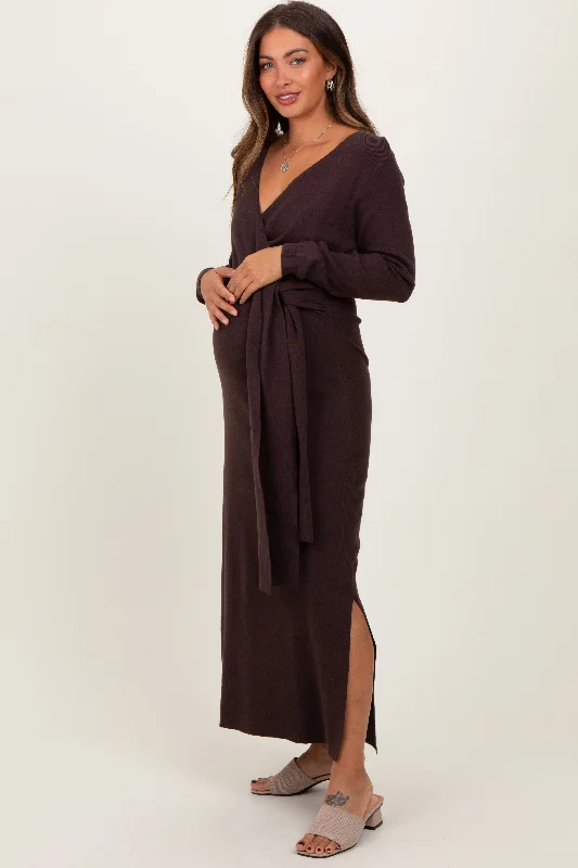 Brown Wrap Side Slit Midi Sweater Maternity Dress Tunics Satin smooth