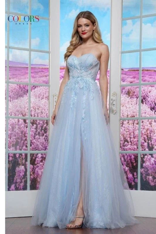 Colors Dress -3484 Lace Applique Strapless Ball Gown Halter Neckline Beach