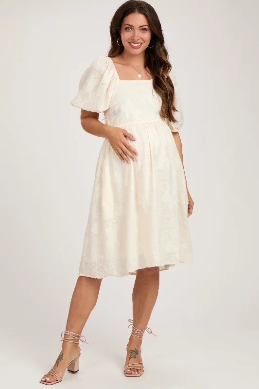 Cream Textured Floral Square Neck Puff Sleeve Maternity Dress Tunics Yoga stretchy