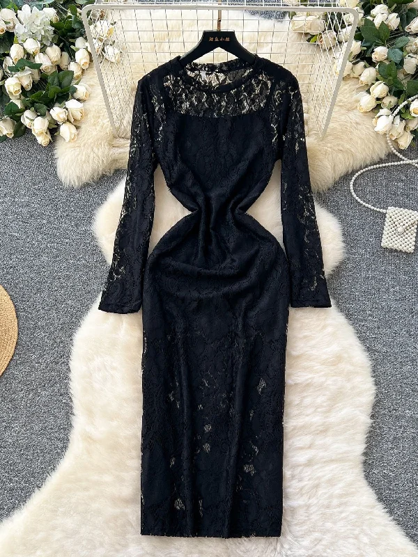 Elegance Black Long Sleeve Lace Dress Maxi Flowy Bohemian