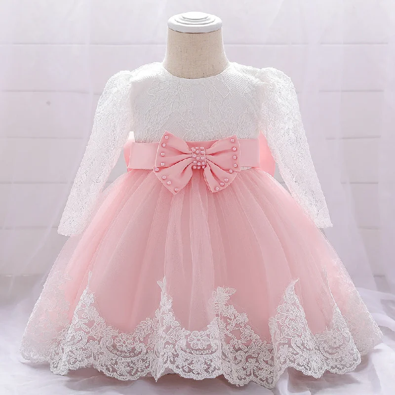 Infant Princes Dresses Easter Dress  Baby Girl Lace Long Sleeve Bow Knot Fluffy Mesh Birthday Party Dress Tunics Yoga stretchy