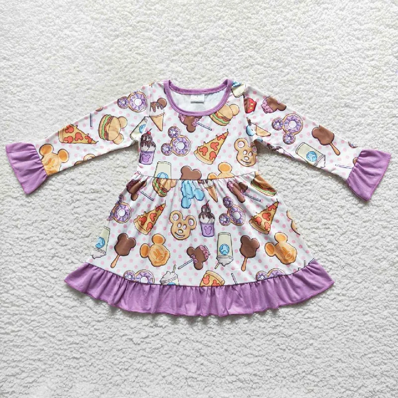 GLD0265 Cartoon Mickey Pizza Burger Polka Dot Purple Lace Long Sleeve Dress Tunics Solid Classic