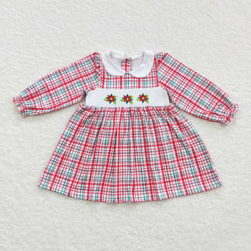 GLD0300 Girls Christmas Red Plaid Long Sleeve Dress with Embroidered Flowers Tunics Modern contemporary