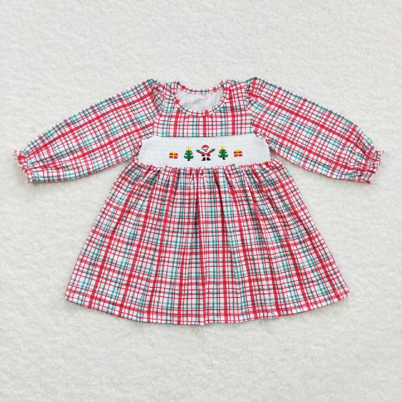 GLD0331 smocked embroidered gift Santa Claus red and green plaid long-sleeved dress Tunics Exclusive limited