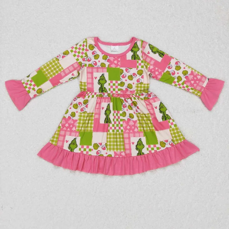 GLD0420 Cartoon grinch red and green plaid pink lace beige long-sleeved dress Tunics Practical durable