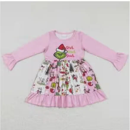 GLD0457 Kids christmas pink long sleeve dress Tunics Print Colorful