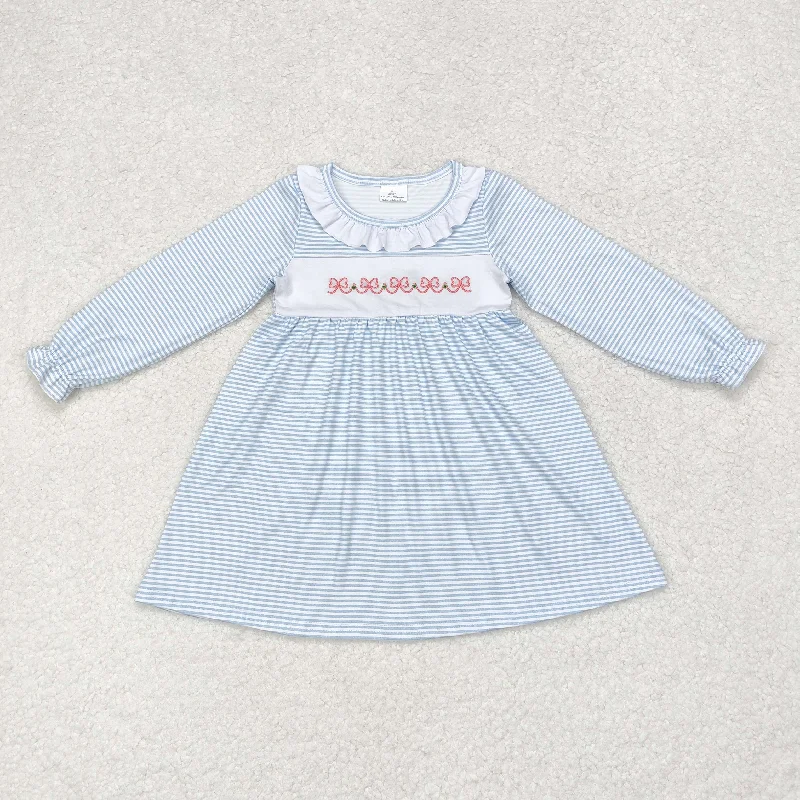 GLD0508 Embroidered bow pattern White lace blue striped long-sleeved dress Tunics Canvas sturdy