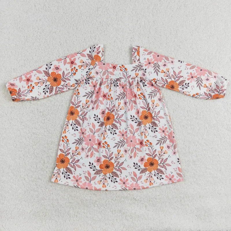 GLD0535 Pink orange flower white square collar long-sleeved dress Tunics Chic elegant