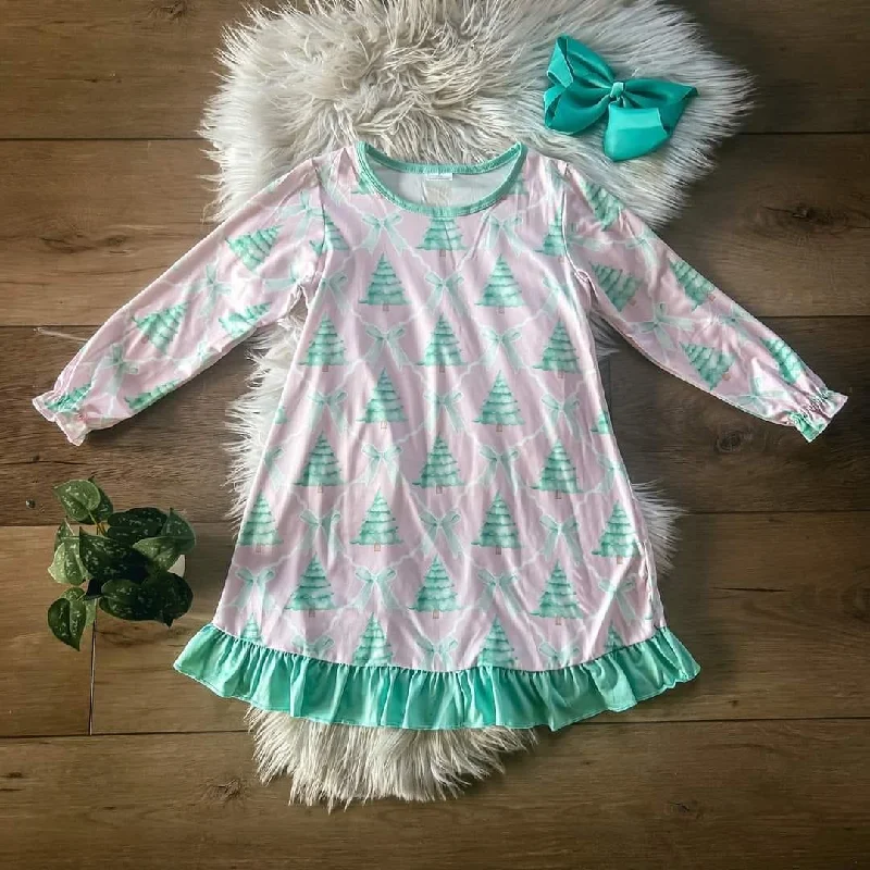 GLD0538 Christmas tree bow Green lace pink long-sleeved dress Tunics Timeless classic