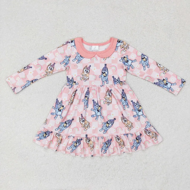 GLD0577 Cartoon dog rainbow flower plaid pink doll collar long-sleeved dress Tunics Stylish elegant