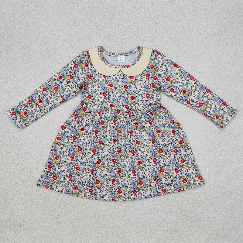 GLD0811 Baby Girls Blue Small Flowers Knee Length Dress Tunics Custom made