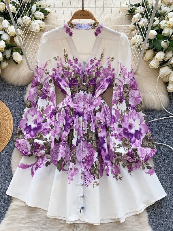 Long Sleeve Vibrant Purple Flowers White Dress Tunics Luxurious high-end