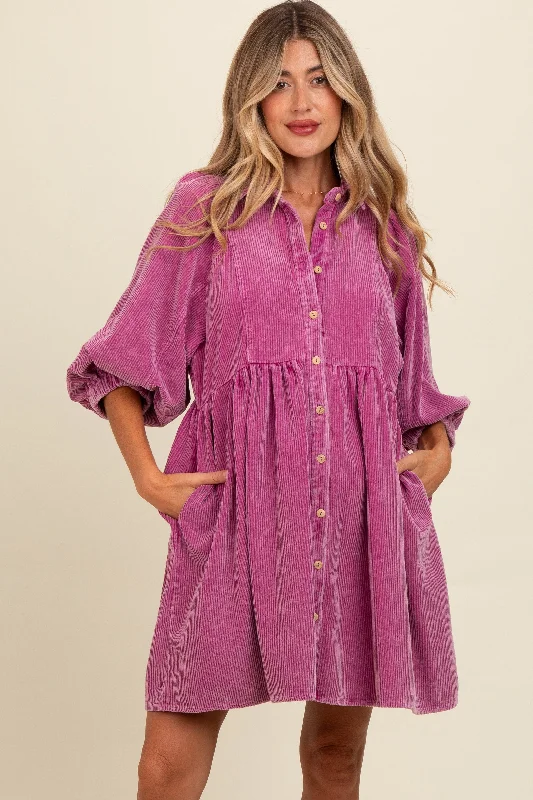 Magenta Corduroy Button Down Maternity Dress Tunics Fleece cozy