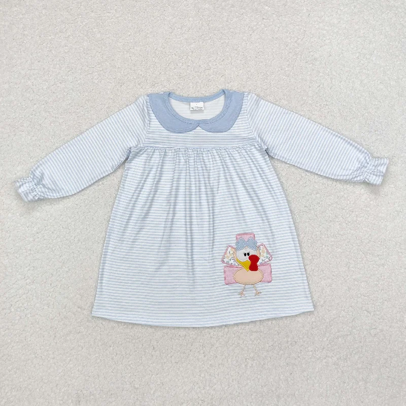 Baby Girl Blue Long Sleeves Embroidery turkey Stripes Dress Tunics New arrival