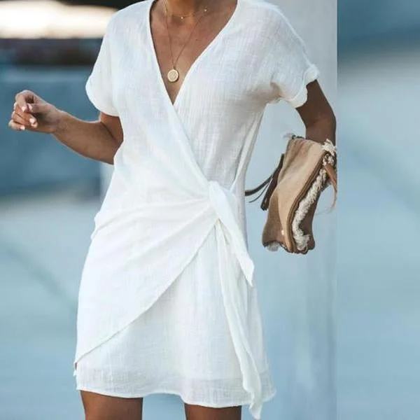 V-Neck Cross Short Sleeved Dress Tunics Cozy comfortable